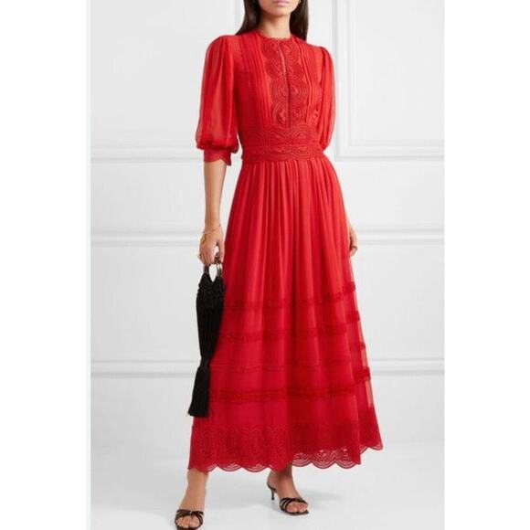 COSTARELLOS Red Scalloped Lace-Trim Maxi Dress Silk Gown Embroidered 36 4 S - Picture 6 of 10
